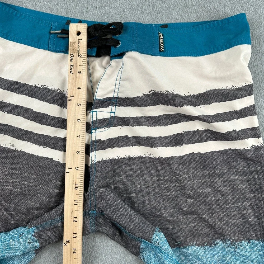 Maui and Sons Board Shorts Mens 34 Blue Black Shark 4 Way Stretch Striped Surf